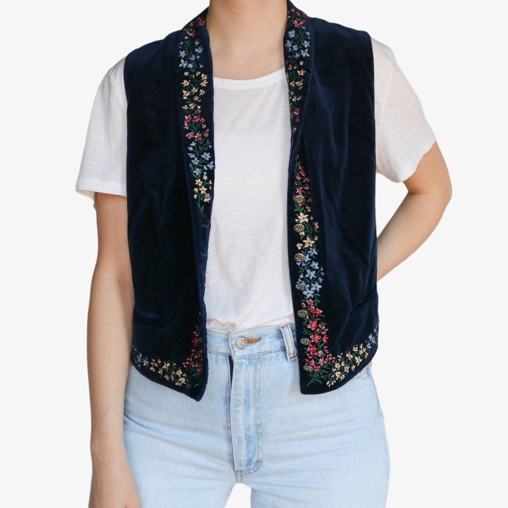 Vintage | Bushwacker Blue Velvet Embroidered Vest
